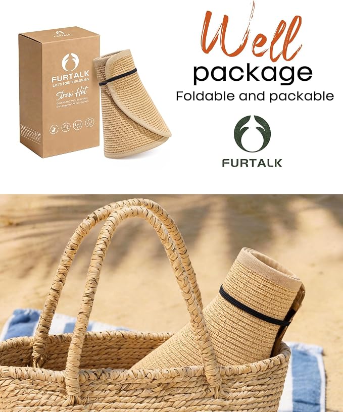 FURTALK Womens Sun Hat with Ponytail Hole Wide Brim Beach Straw Visor | Foldable & Packable for Beach Vacations, Adjustable Fit for Messy Buns, Detachable Windproof Strap, Sweat-Wicking Inner Band