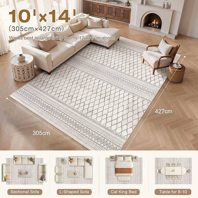 cotiled 10x14 Area Rugs Living Room Rug: Washable Boho Rugs with Non Slip Backing Large Soft Indoor Stain Resistant Carpet for Bedroom Farmhouse Dining Room Lightweight Home Decor Beige/Gray