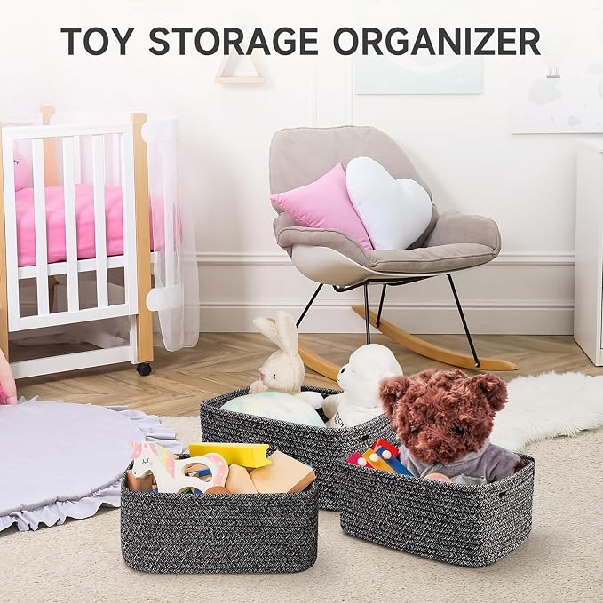 3 Pack Small Storage Baskets for Organizing, 11.8×7.8×5.1", Mixed Black | Woven Baskets for shelves, Cotton Rope Basket for Gifts Empty, Closet Organizer Bins with Handles, Cube Decorative Box