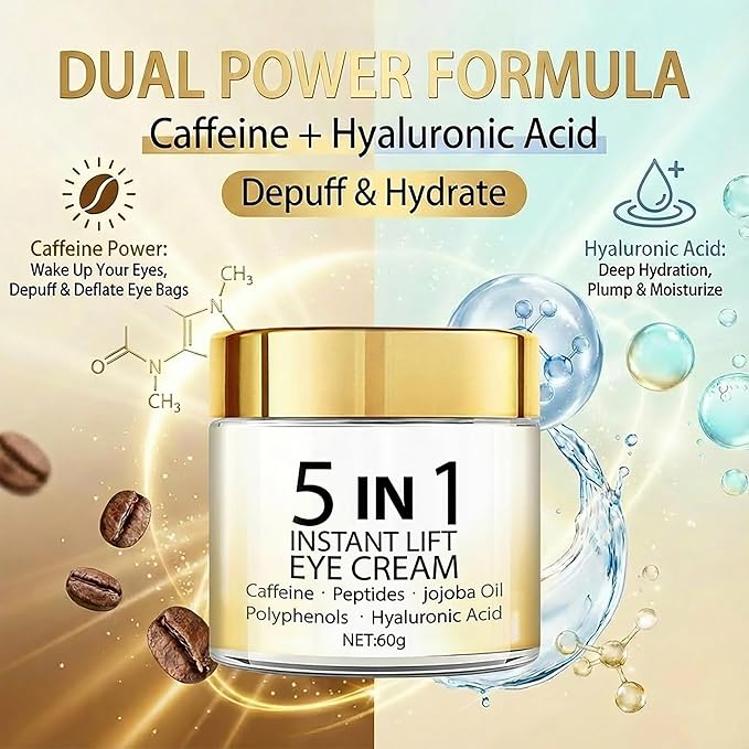 Grospe 5 in 1 Eye Cream for Dark Circles & Puffiness, Anti Aging Instant Lifting Under Eye Cream for Bags, Wrinkles & Fine Lines Firming Eye Treatment with Caffeine Hyaluronic Acid Hydrating, 2.1Oz