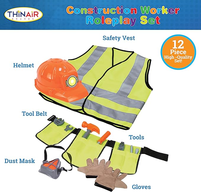 Dr. STEM Toys Construction Worker Roleplay Costume Set with Hat, Tools, Tool Belt, Gloves, and More - Orange and Yellow, One Size Fits Most Kids Ages 3 to 6