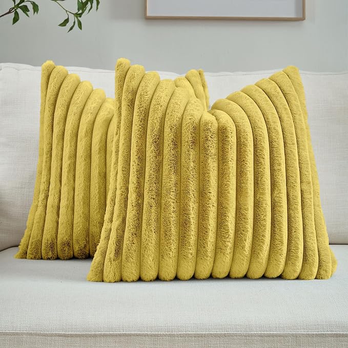 FUTEI Pack of 2 Faux Fur Throw Pillow Covers 18x18 Inch, Mustard Yellow | Fluffy Faux Rabbit Fur Front/Premium Velvet Back,Hidden Zipper,Machine Washable,Non-Shedding,Colorfast,Insert Not Included.