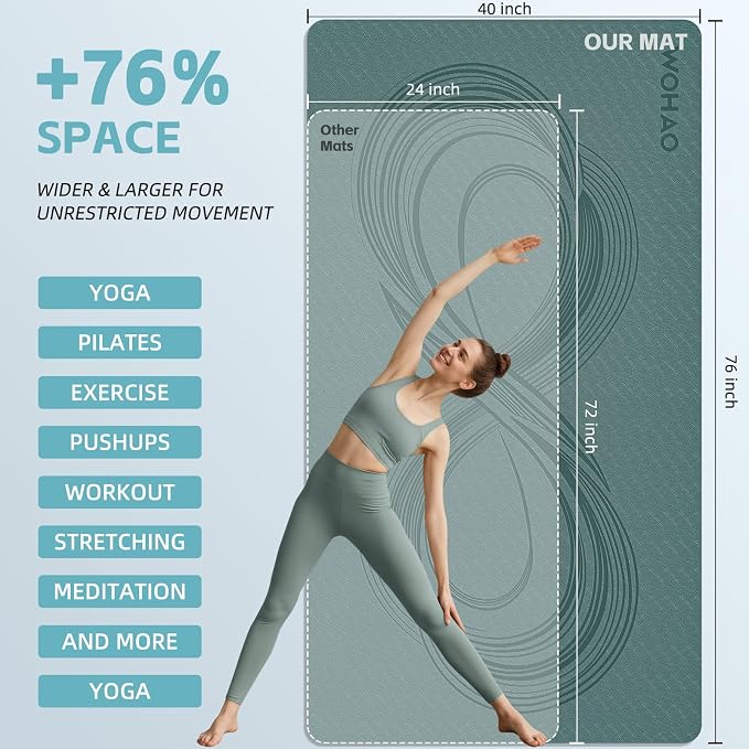 Large 76"x40"x0.4" Yoga Mat - Extra Width & Thick Non-Slip Exercise Mat, Versatile for Stretching, Yoga Studio, Gym, Home & Indoor/Outdoor Workouts