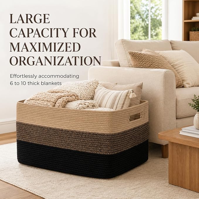 OIAHOMY Large Blanket Basket, 22”x17”x12” Rectangle Woven Baskets, Nursery Blanket Storage Living Room, Toy Storage With Handle, Large Baskets for Organizing-Yellow Black