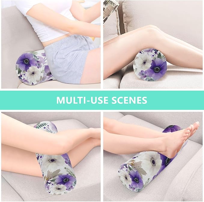 Purple White Lotus Flowers and Berries Neck Roll Pillow Bolster Round Health Memory Foam Long Cervical Cylinder Pillows with Removable Washable Cover for Body Bed Legs Back Yoga