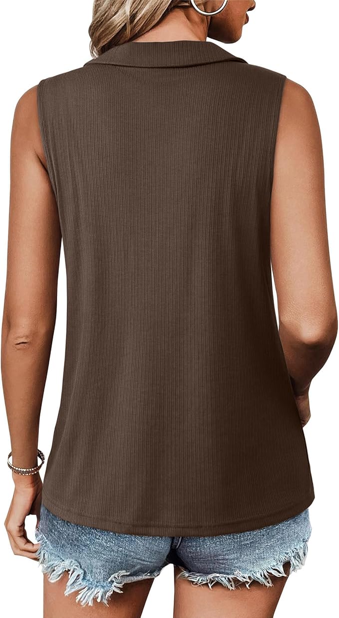 Vivilli Womens Ribbed Tank Top Zipper V Neck Dressy Casual Blouses Sleeveless Camisole Tops Work Tank Polo Shirts