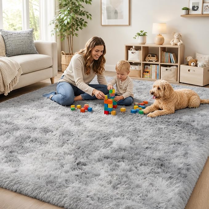 Area Rug for Living Room Bedroom: 9x12 Light Grey Soft Fluffy Shag Upgrade Non-Slip High Pile Carpet Large Fuzzy Plush Indoor Floor Decor Shaggy Rug for Kid Boys Girls Playroom Nursery Modern Home