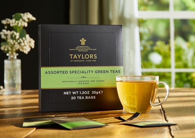 Taylors of Harrogate Assorted Specialty Green Teas Sampler, Variety Gift Box, Individually Wrapped Bags, 20 Count (Pack of 1), Jasmine, Mint, Lemon, and Pure, Caffeinated, Enjoy Hot or Iced, 20 Teabags