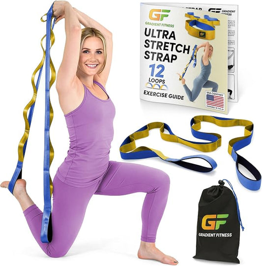 Gradient Fitness Stretching Strap for Physical Therapy, 12 Multi-Loop Stretch Strap 1.5" W x 8' L, Neoprene Handles, Physical Therapy Equipment, Yoga Straps for Stretching, Leg Stretcher.