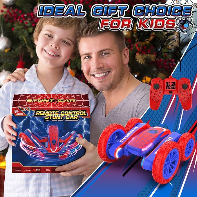 Spider Remote Control Car for Kids - 2.4Ghz Fast RC Stunt Cars, 360° Rotating 4WD RC Crawler with Lights, Rechargeable Car Toy for Boys Ages 6 7 8 9 10 Birthday Blue&Red