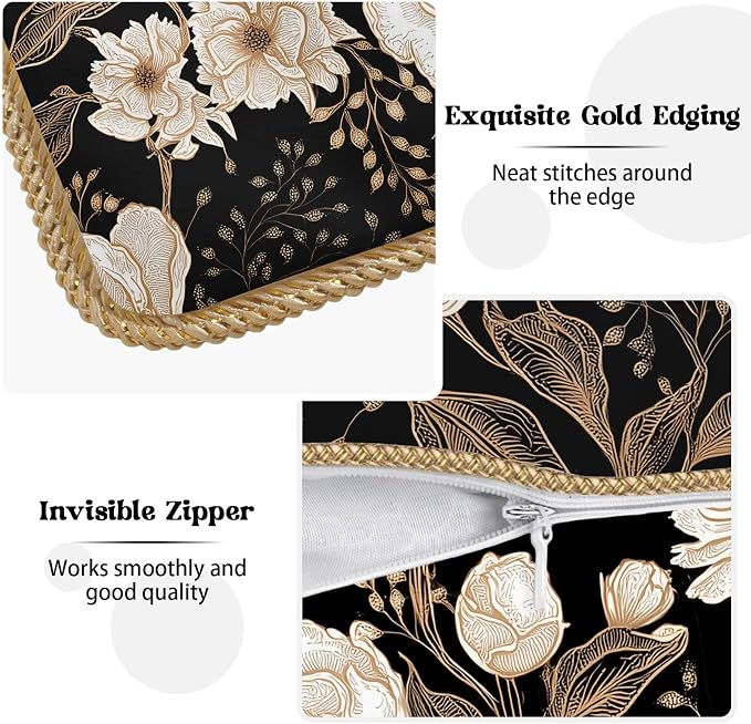 Vintage Peonies Roses Flower Velvet Pillow Covers 16x16 Inch Gold White Aesthetic Floral Leaves Throw Pillows For Couch Cushion Covers Pillowcase Farmhouse Pillow Cases for Sofa Bed Living Room