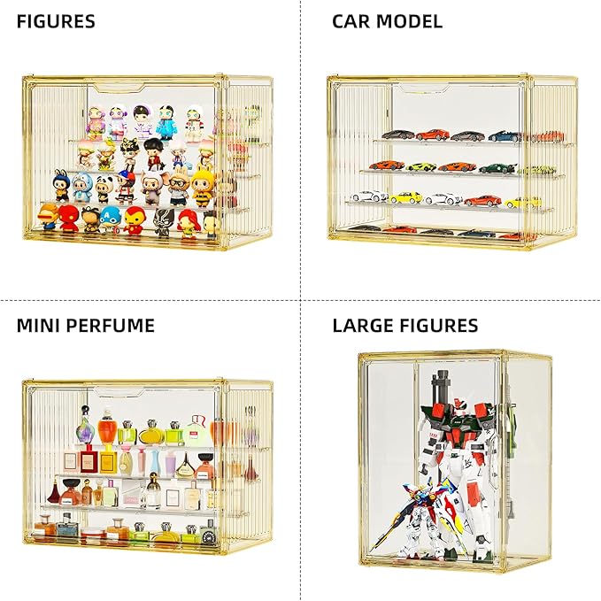Clear Yellow Acrylic Figure Display Case for Collectibles 4 Layer Hobby Figurine Display Shelf Cases Stackable Display Boxes with Shelves for Pop Mart, Action Figures, Model, 1Pack