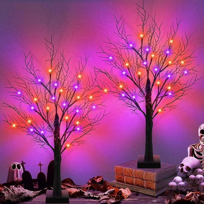 [Timer] 2 Pack Halloween Decorations Indoor, 24 Inch Halloween Tree with 24 Orange & Purple Lights, USB & Battery Operated Black Spooky Tree Halloween Table Decorations Indoor Home Party Decor Room