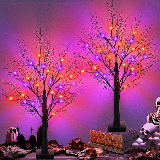 [Timer] 2 Pack Halloween Decorations Indoor, 24 Inch Halloween Tree with 24 Orange & Purple Lights, USB & Battery Operated Black Spooky Tree Halloween Table Decorations Indoor Home Party Decor Room
