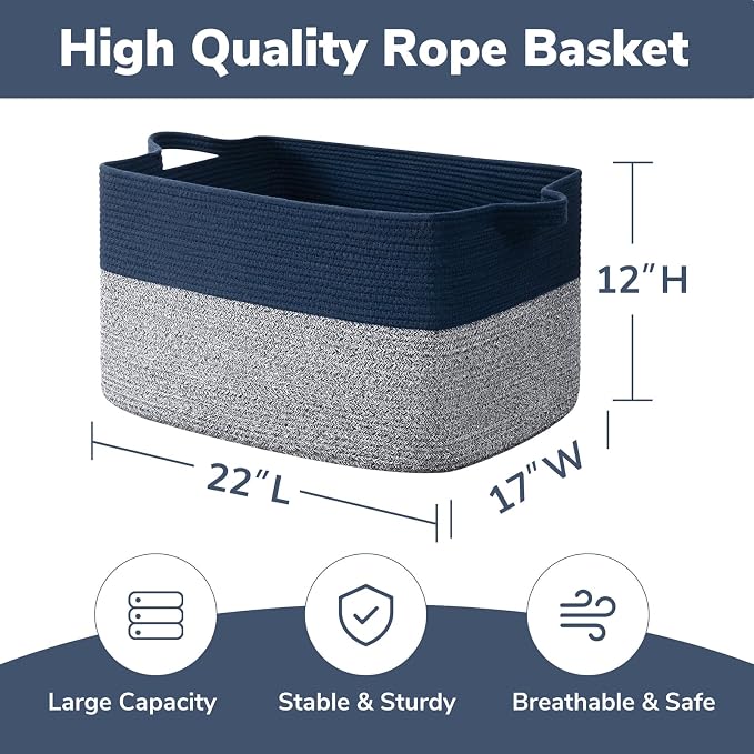 Goodpick 75L Extra Large Woven Blanket Basket, 22" x 17" x 12", Blue | Decorative Storage Basket for Blankets, Clothes & Toys, Living Room & Home Organization, Rectangle Design, Reinforced Handles