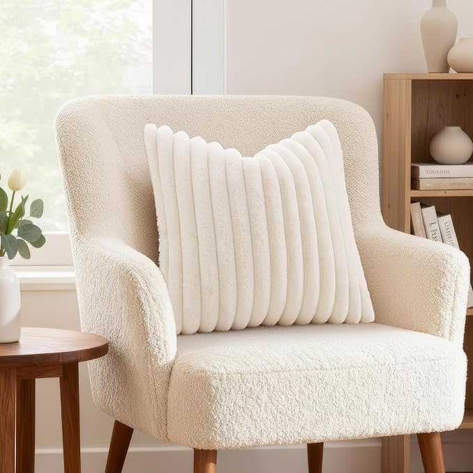 decorUhome Fall Faux Fur Throw Pillow Covers 26x26 Set of 2 Cream White | Decorative Soft Cozy Striped Plush Modern Farmhouse Boho Couch Pillow Cases Velvet Back for Sofa Bed Living Room Home Decor