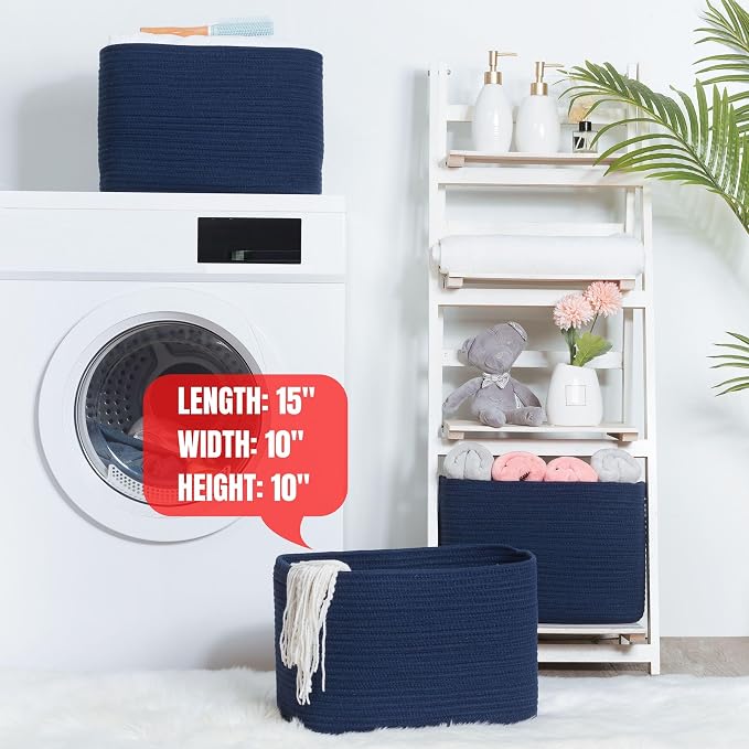 3-Pack Decorative Woven Storage Baskets for Shelves, Cube Bin Box for Organizing Books, Shoes, Dog Toys, Pantry Closet and Living Room Organizer, Navy Blue