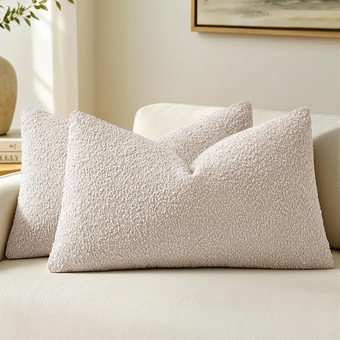 MIULEE 12x20 Decorative Lumbar Boucle Couch Pillow Covers Beige | Set of 2 Textured Neutral Throw Pillow Covers, Accent Solid Pillowcases, Sofa Living Room Home Decor