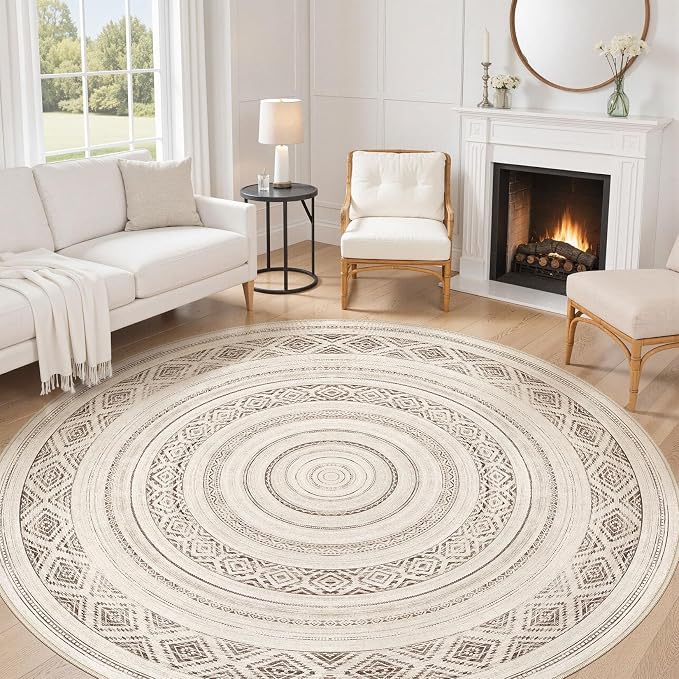 cotiled 8x8 Round Area Rugs Living Room Rug: Washable Boho Rugs with Non Slip Backing Large Soft Indoor Stain Resistant Carpet for Bedroom Farmhouse Dining Room Lightweight Home Decor Dark Brown