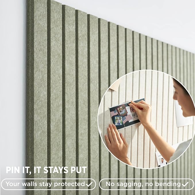 Felt Bulletin Board Tiles 48"x36" 12-Pack, Cork Board Alternative, OEKO-TEX Certified, NRC 0.95 Acoustic Wall Panels, Damage-Free Adhesive, Slatted Design, Home Office, Classroom (Khaki Green)