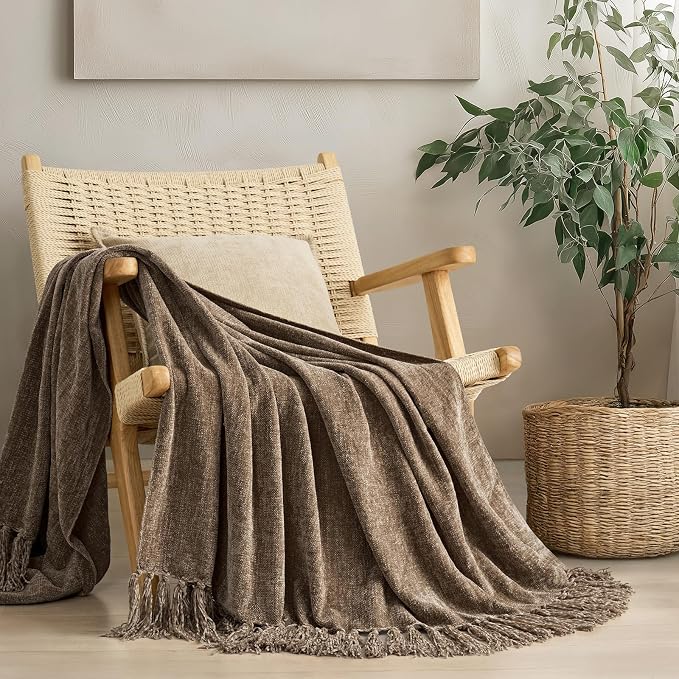 Chenille Knit Throw Blanket for Couch, 60"x80", Mocha Brown | Cozy Plush Fuzzy Knittd Throw with Tassels, Lightweight, Decorative, Farmhouse Decor, Ideal for Bed Sofa Gift, All Seasons
