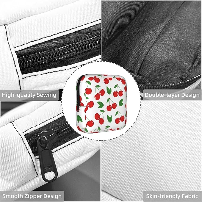 Cherry Red Cherries Leaves Leaf Fruit White Period Bag For Women,Portable Sanitary Napkin Period Pad Pouch For Purse, Small Make Up Bags