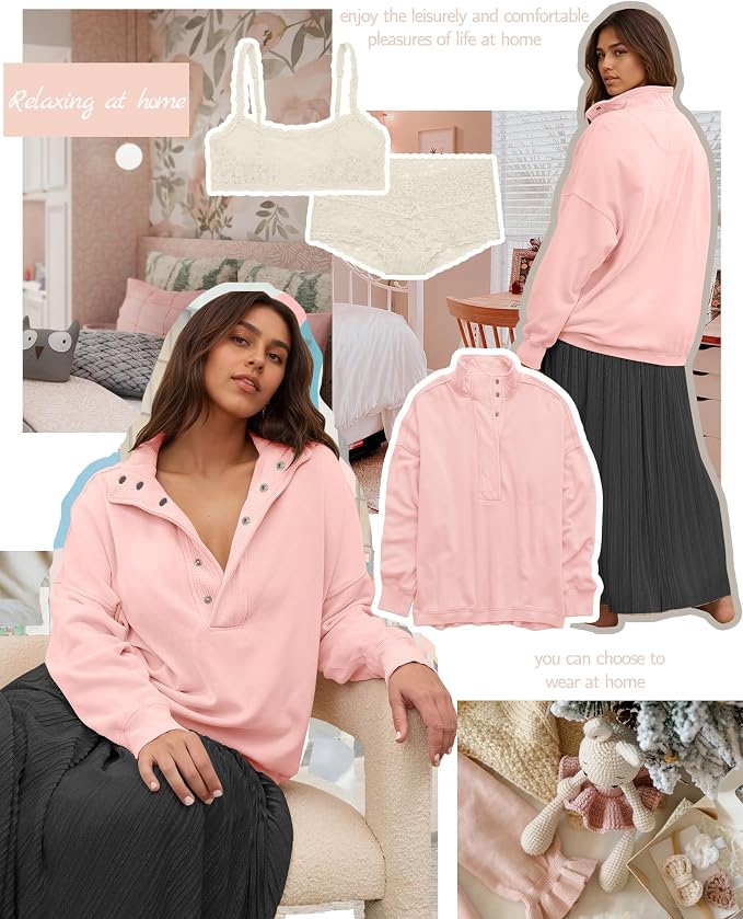 Gacaky Sweatshirt for Women Oversized Casual Long Sleeve Button Henley Neck Pullover Tops Fashion Outfits Clothes