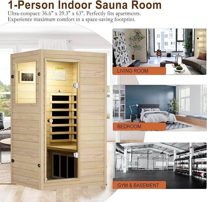 Kanlanth 1 Person Infrared Sauna - Premium European Aspen Wood, 905W Energy Efficient, Low EMF Indoor Sauna, Bluetooth Speakers, Compact Home Spa for Small Spaces, 36.6"x29.3"x63", Left Door