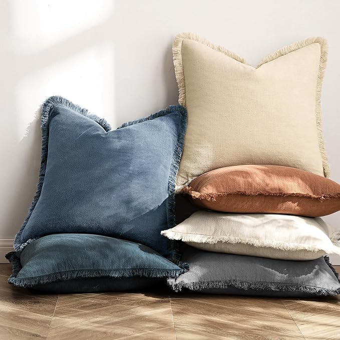 MIULEE Linen Fringe Decorative Euro Throw Pillow Covers Blue Ashes 22x22 | Set of 2, Cottagecore Decor, Boho Farmhouse Coastal Pillow Covers, Rustic Couch Cushion Cases for Sofa Bed Living Room