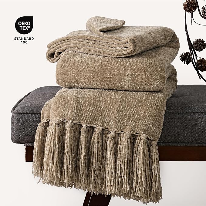 Chenille Knit Throw Blanket for Couch, 60"x80", Beige | Cozy Plush Fuzzy Knittd Throw with Tassels, Lightweight, Decorative, Farmhouse Decor, Ideal for Bed Sofa Gift, All Seasons
