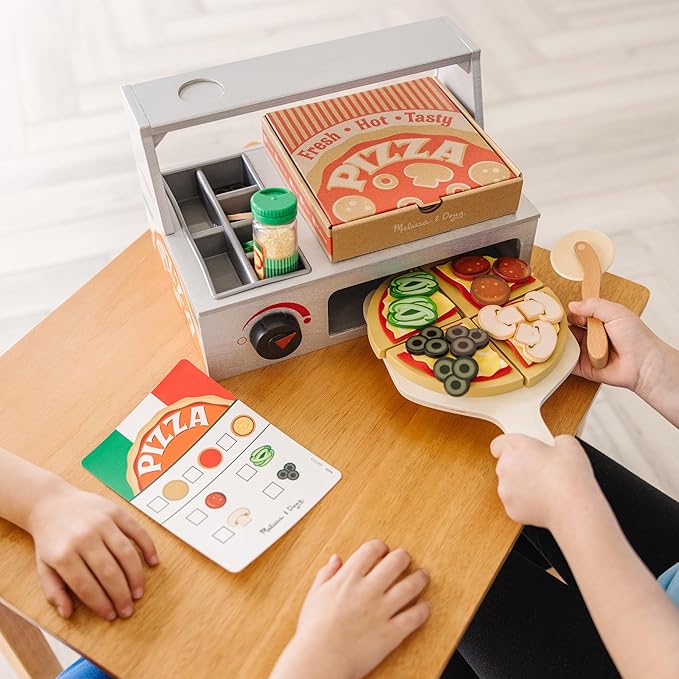 Melissa & Doug Top & Bake Wooden Pizza Counter Play Set with Play Food (41 Pcs) Preschool Toy Pizza, Wooden Food Set, Pretend Sets For Kids Ages 3+ - FSC-Certified - FSC Certified