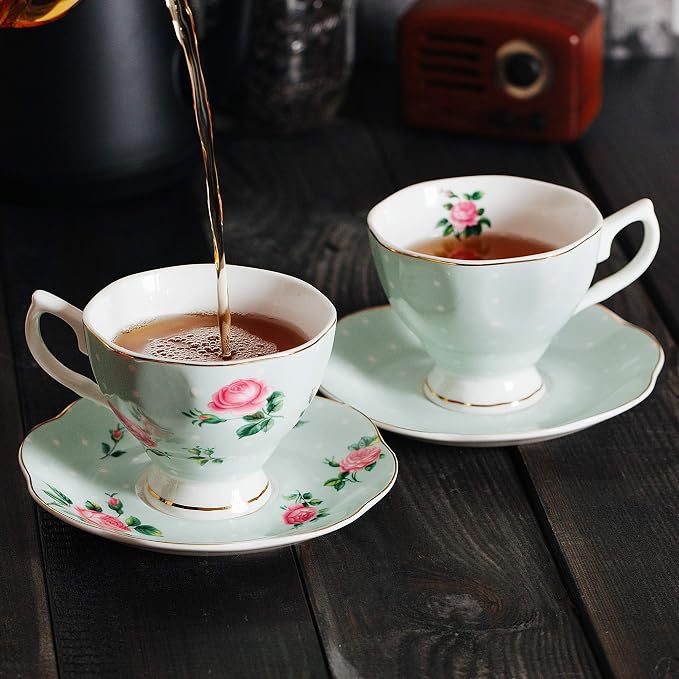 BTaT- Floral Tea Cups and Saucers, Set of 8, 8 oz | Fine Porcelain Teacup Set Gold Trim Afternoon Tea Weddings Parties Gifting Dishwasher Safe Lightweight Non Toxic