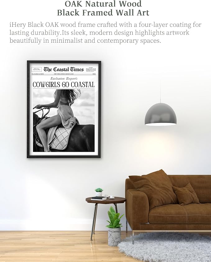 iHery 16x20in Cowgirls Go Coastal Framed Newspaper Wall Art | Premium Black Natural OAK Wood Frame with Canvas Print, Western Horseback Decor for Bedroom, Dorm, Living Room 1Pack