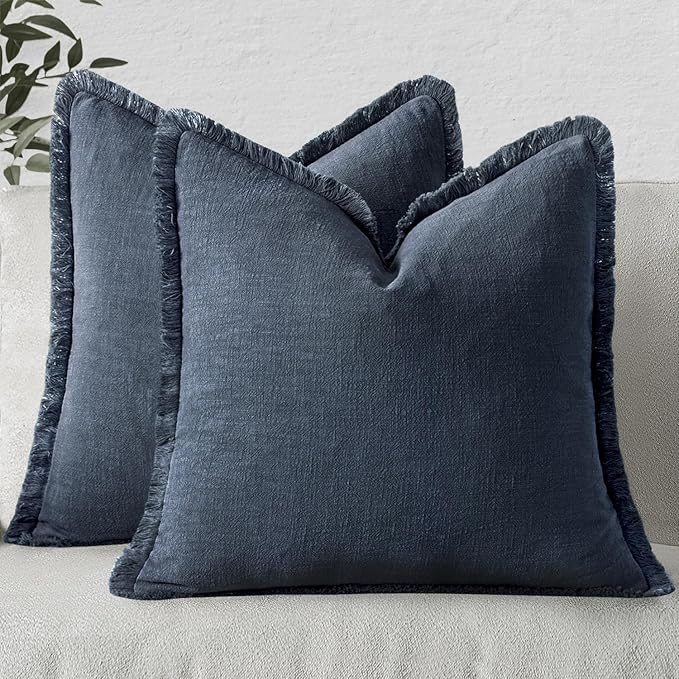 MIULEE Boho Linen Fringe Decorative Throw Pillow Covers Indigo Blue 18x18 | Set of 2, Cottagecore Decor, Boho Farmhouse Coastal Pillow Covers, Rustic Couch Cushion Cases for Sofa Bed Living Room