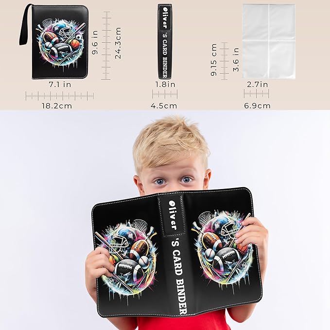Trading Card Binder 4 Pocket, 440 Pockets 3 Ring Binder, Includes Name Tag, Tab Stickers, Cards Binder Album Book Holder Case for Baseball Football Sports Tcg Binder (Black Sport)