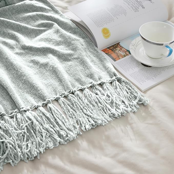 CozeCube Chenille Throw Blanket, Baby Blue Fringe Blanket, 50"X60" | For Couch, Cozy Plush Fuzzy Decorative Blanket with Fringe Tassels, Lightweight Throws for Bed Sofa Gift Home Decor