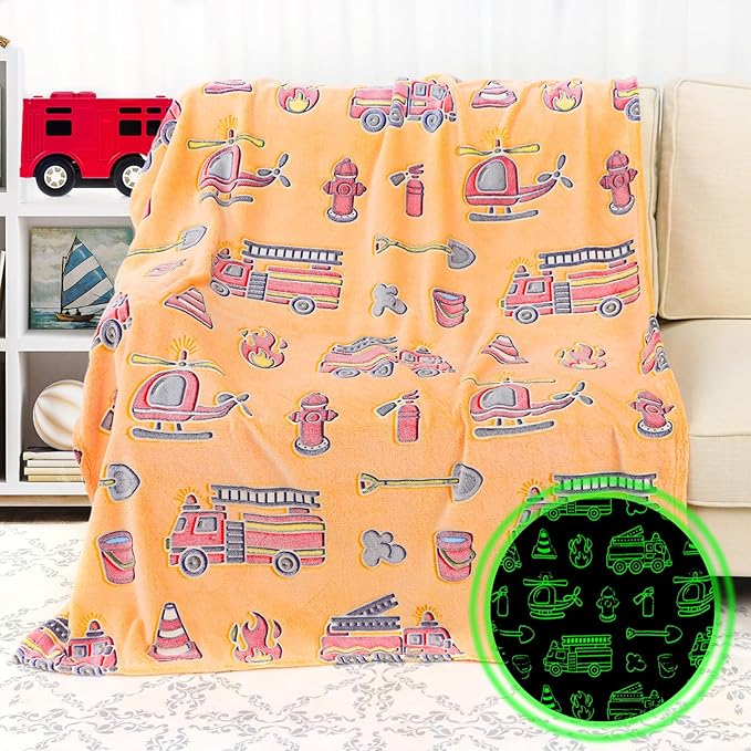 Fire Truck Glow in The Dark Blanket for Toddler Boy - Firetruck Gifts for Boys