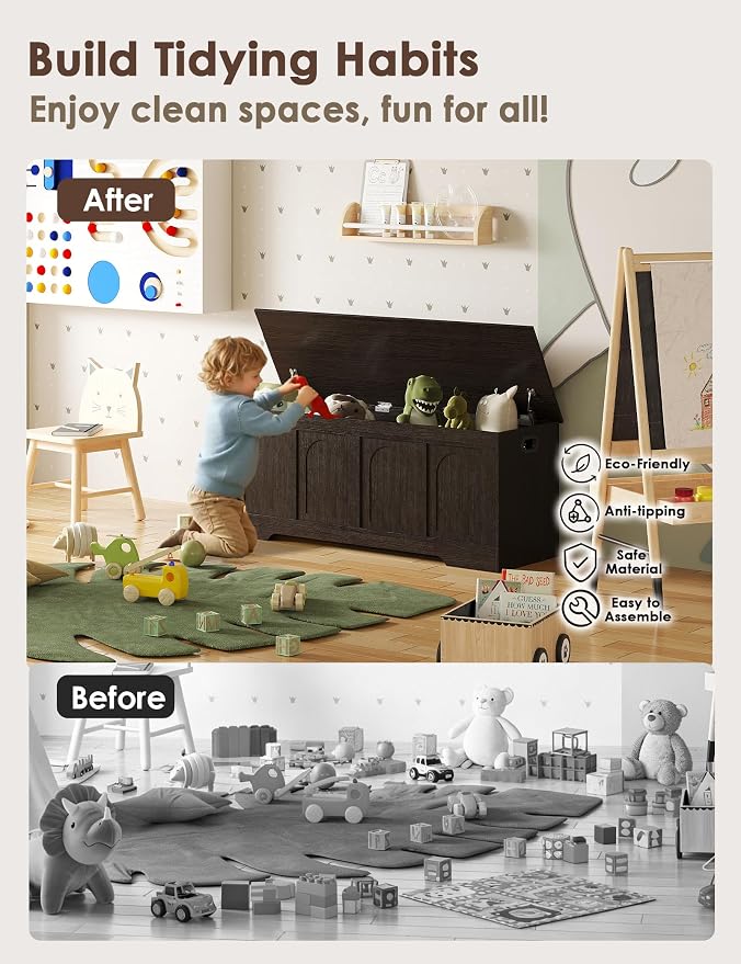Storage Chest, Wooden Toy Box, Espresso 50.0" L | Extra Large Storage Bench, 2 Soft-close Hinges, Finger-safe Flip-Top Lid, Easy Assembly, Farmhouse Trunk, Living Room/Bedroom