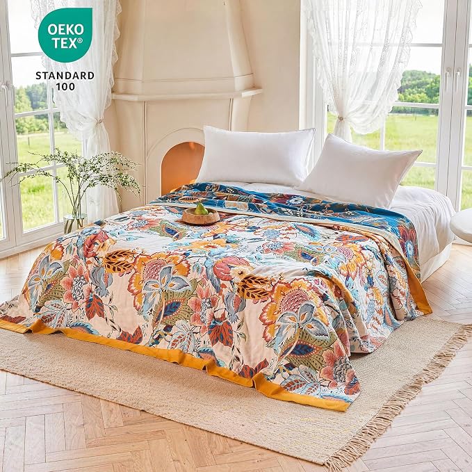 MSGKV Boho Throw Blanket 90"x108" 100% Cotton Floral Blanket King Bed Decor | 100% Cotton Muslin, Lightweight Throw Blanket, King Size Bed, Floral Farmhouse Decor, Soft & Breathable, All Season Comfort