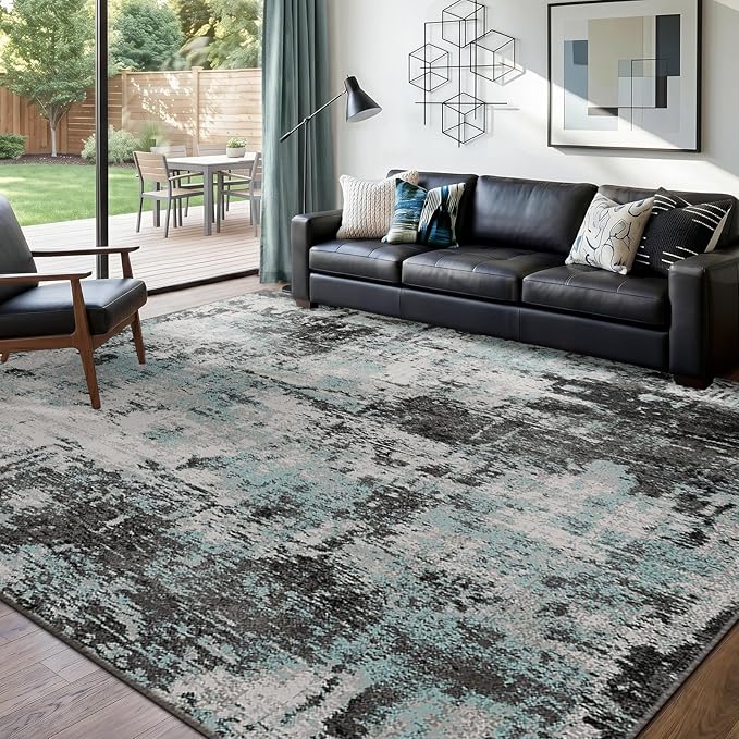 RELEANY Washable 8'x10' Abstract Area Rug for Living Room Teal Black | carpet for bedroom, kitchen, office, hallway and entryway, printed pattern, non-slip, soft, stain-resistant, easy to clean