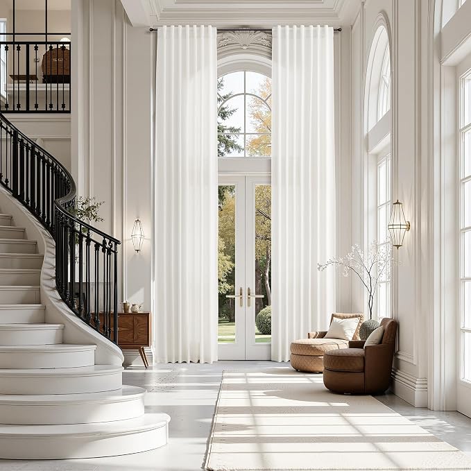 Extra Long Beige White Linen Curtains 144 Inch for Living Room 2 Panels Set Rod Pocket Back Tab Light Filtering Semi Sheer Curtain Privacy Floor to Ceiling High Ceiling Drapes for Farmhouse 52x144