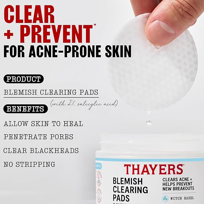 Thayers Blemish Clearing Acne Pads, Salicylic Acid Acne Treatment for Face, Pore Reducing, Exfoliating, and Soothing Skincare, Witch Hazel Toner Pads, 60 Ct