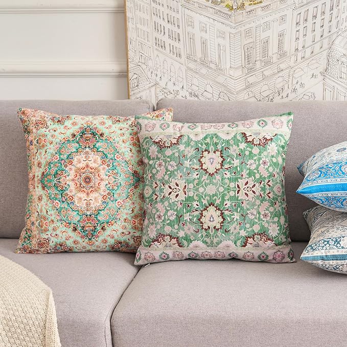 Boho Floral Throw Pillow Covers 18x18 inch Set of 2,Green Boho Rug Geometric Floral Pattern Decor Double Sided Pattern Cushion Cover Soft Pillow Case Living Sofa Room Bed Square Pillow Cover
