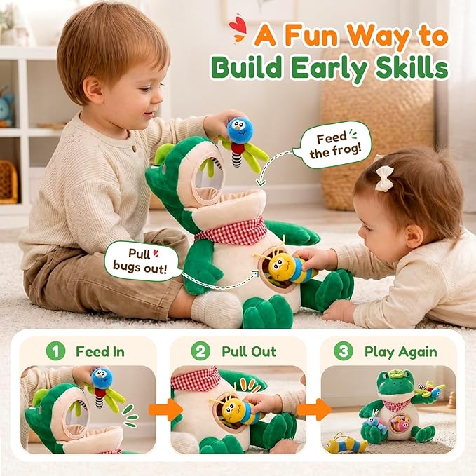 JoyCat Baby Toys 3-18 Months, Frog Montessori Toy Includes 4 Sensory Insects with Rattle, Crinkle, Squeaker & Baby Mirror for Tummy Time, Soft Stuffed Animal Toy for Infants Newborn Boy & Girl Gifts