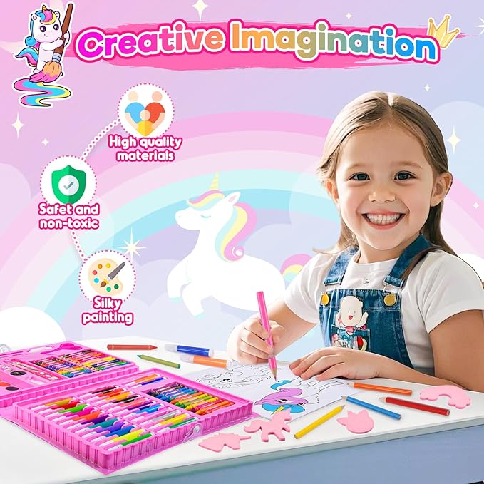 HCHILDHOOD Art Supplies for Girls, Arts and Crafts for Kids Age 4-6 6-8 with Trifold Easel,Includes Sketch Pads,Oil Pastels,Crayons,Colored Pencils, Drawing Set for 3-12 Year Olds Girls (Pink)