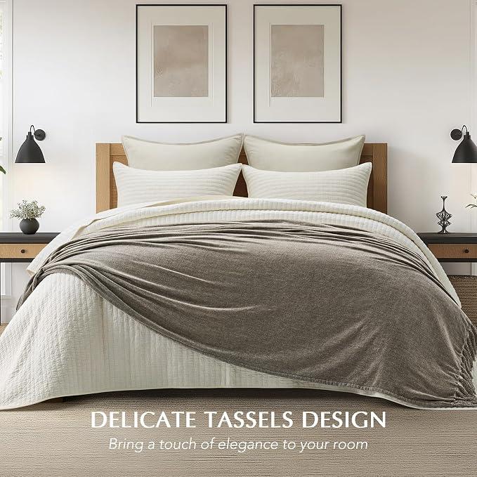 Chenille Knit Queen Blanket for Bed, 90"x90", Taupe | Super Soft Knit Throw with Tassels, Cozy, Decorative Farmhouse Plaid, Lightweight Blanket Queen Size for Couch Sofa Gift