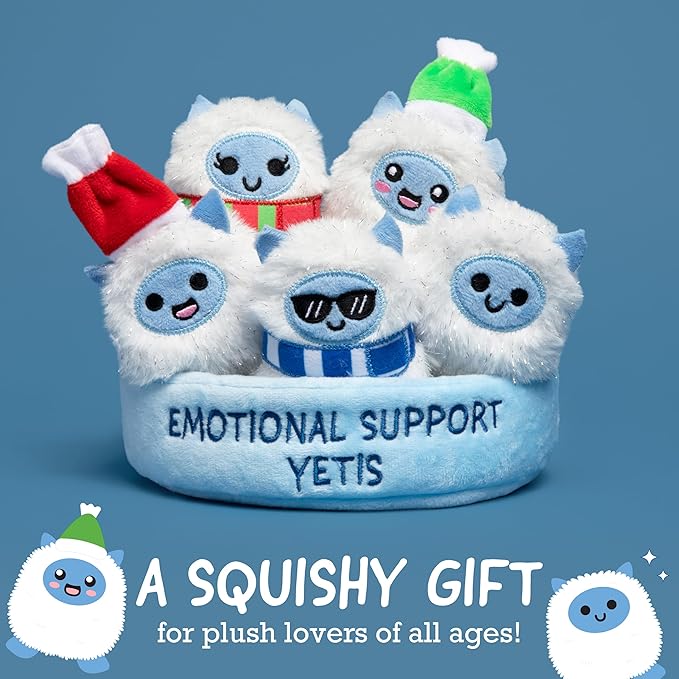 WHAT DO YOU MEME? Emotional Support Yetis by Relatable, Cuddly Stuffed Animals, Plushies, and Cute Stuff, Great Gift Ideas for Loved Ones of All Ages, Includes 5 Plushies with Carrying Basket