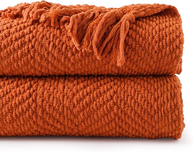 BATTILO HOME Burnt Orange Throw Blanket for Couch, 60"x80" | Knit Fall Decor Blanket Versatile for Chair, Decorative Halloween Throw Blanket with Tassels for Bed