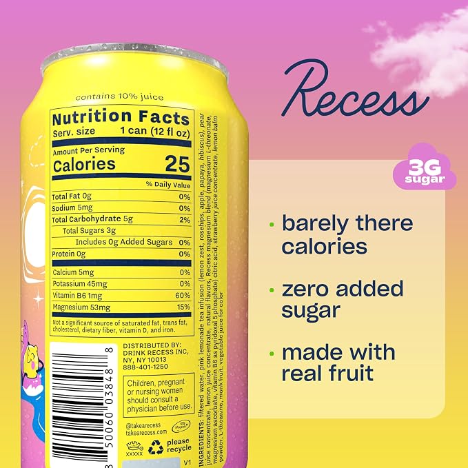 Recess Mood Magnesium & Adaptogen Drink, Relaxation Beverage, 12 ounce (Pink Lemonade, 12 pack)