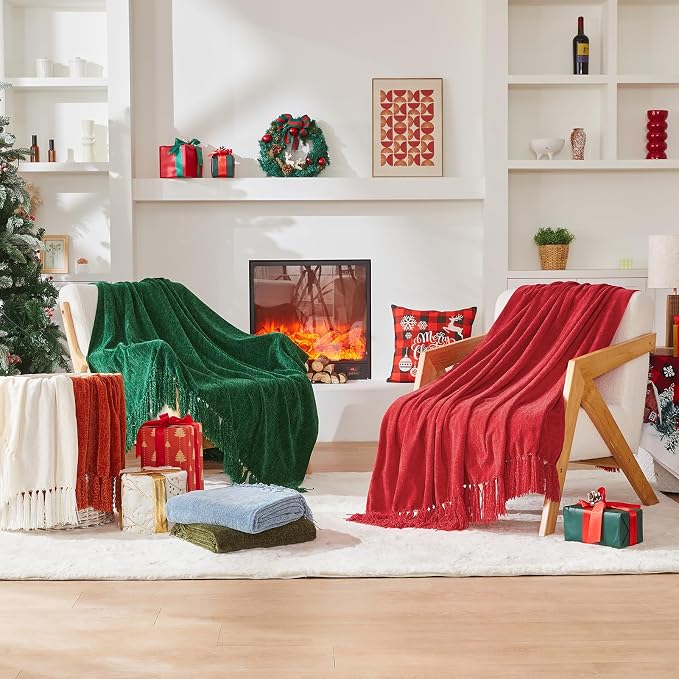 CozeCube Chenille Throw Blanket, Christmas Red Fringe Blanket, 60"X80" | For Couch, Cozy Plush Fuzzy Decorative Blanket with Fringe Tassels, Lightweight Throws for Bed Sofa Gift Home Decor